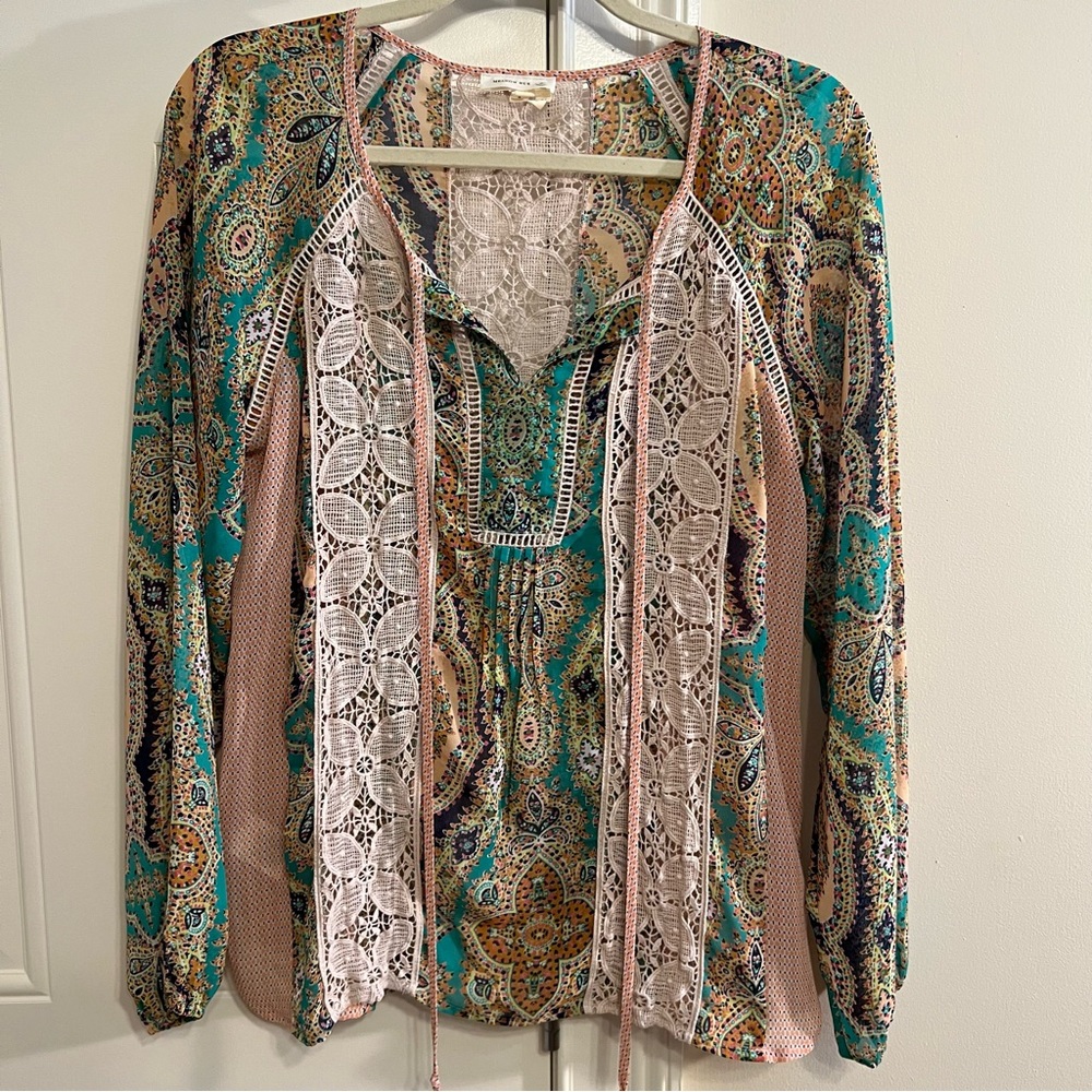 Bohemian Paisley Lace-Trim Blouse in Teal and Pink